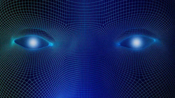 Olhos humanos sobre fundo azul no conceito de tecnologia, wireframe — Fotografia de Stock