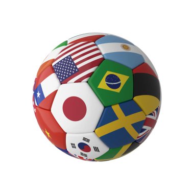 Beyaz arka plan üzerinde izole ülke bayrakları ile futbol futbol. Dünya Şampiyonası. 3D çizim.