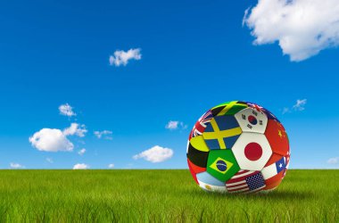 Futbol futbol yemyeşil çim ve mavi gökyüzü üzerinde izole ülke bayrakları ile. Dünya Şampiyonası. 3D çizim.