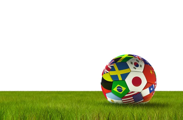 Ποδόσφαιρο Ποδόσφαιρο Σημαίες Χωρών Που Απομονώνονται Λευκό Φόντο Καταπράσινο Γρασίδι — Φωτογραφία Αρχείου