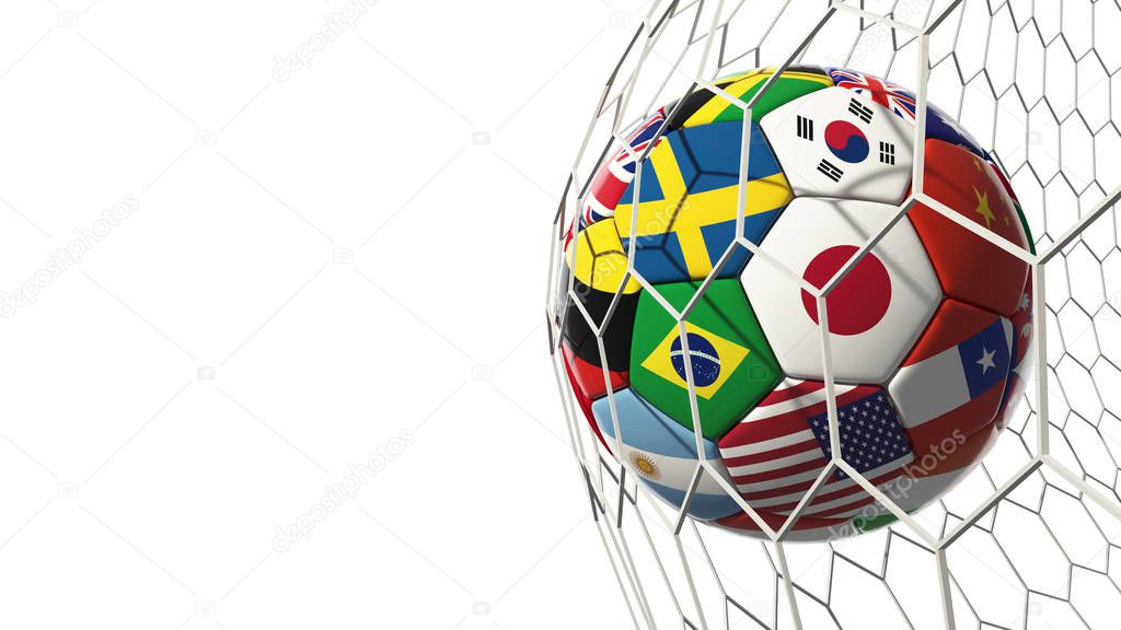 Soccer football with country flags isolated on white background in goal. World championship. 3d illustration.