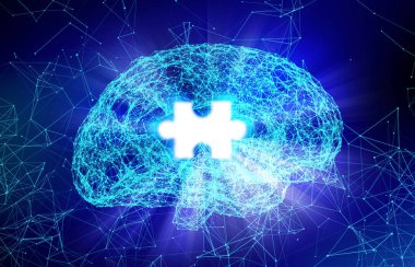 İnsan beyni ve yapay zeka teknoloji kavramı, 3d çizim için şeklinde Alzheimer hastalığı için yapboz