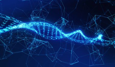 DNA, sarmal modeli tıp ve ağ bağlantı hatları için teknoloji kavramı mavi arka plan, 3d çizim üzerinde