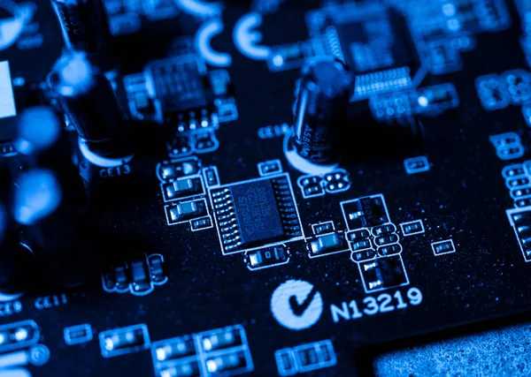 Circuitos Electrónicos Concepto Tecnología Futurista Ordenador Central Fondo Azul Datos — Foto de Stock