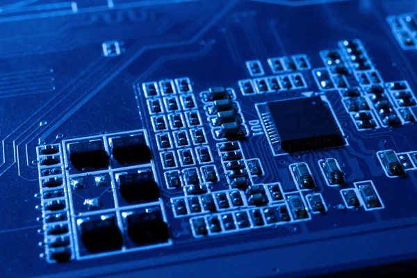 Electronic Circuits Futuristic Technology Concept Motherboard Computer Blue Background Microchip — Stock Photo, Image