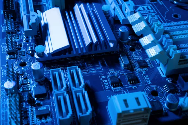 Electronic Circuits Futuristic Technology Concept Motherboard Computer Blue Background Microchip — Stock Photo, Image