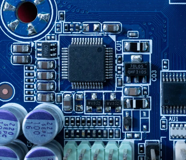 Electronic Circuits Futuristic Technology Concept Motherboard Computer Blue Background Microchip — Stock Photo, Image