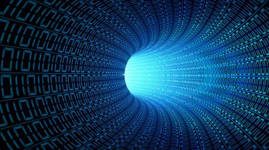 İkili kod numaraları otoyol tüneli teknoloji arka plan için mavi soyut hızı çekimde, digial veri içinde bilgisayar. hızlı ışığa doğru hareket eden. 3D çizim