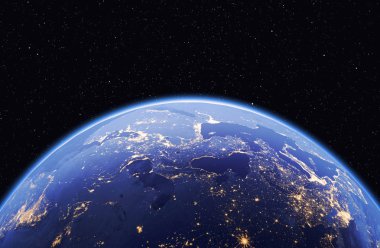 Dünya gezegeni yıldız, küresel model siyah arka plan üzerine izole. Nasa tarafından döşenmiş bu görüntü unsurları