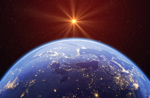 Planetjorden Med Solen Och Stjärnorna Global Modell Isolerad Svart Bakgrund — Stockfoto