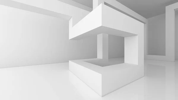 Structure of white architecture boxes on white background in empty room for technology concept, 3d illustration
