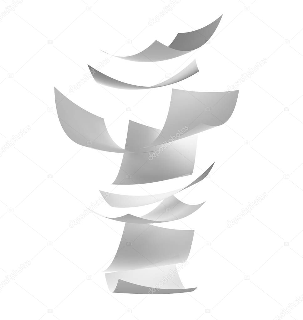 Blown Paper isolated on white background. Documents flying in air, 3d illustration