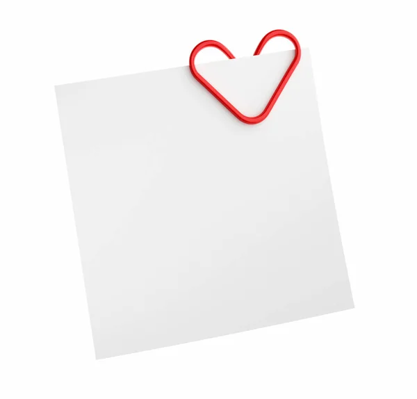 Blank White Note Paper Red Heart Shape Paper Clip Isolated — Stock Photo, Image