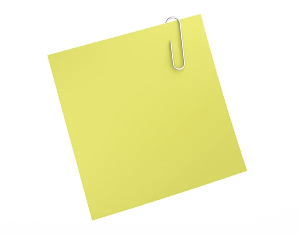 空白の黄色のメモ用紙とクリップのオフィス ビジネス コンセプトは 用紙に添付の白い背景に分離します イラストレーション — ストック写真