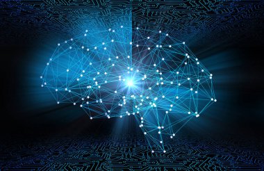 İnsan beyninin yapay zeka teknoloji kavramı, 3d soyut illüstrasyon için şeklinde siyah arka plan üzerinde parlama ışık ile dijital veri ve ağ bağlantısı
