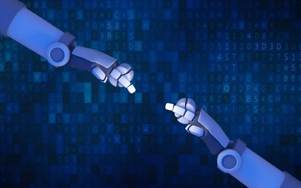 Robot hands pointing to each other on blue computer data code background in futuristic technology concept. Artificial intelligence. 3d illustration