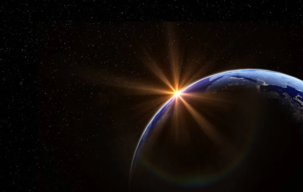 Planeet Aarde Met Zon Sterren Global Model Geïsoleerd Zwarte Achtergrond — Stockfoto