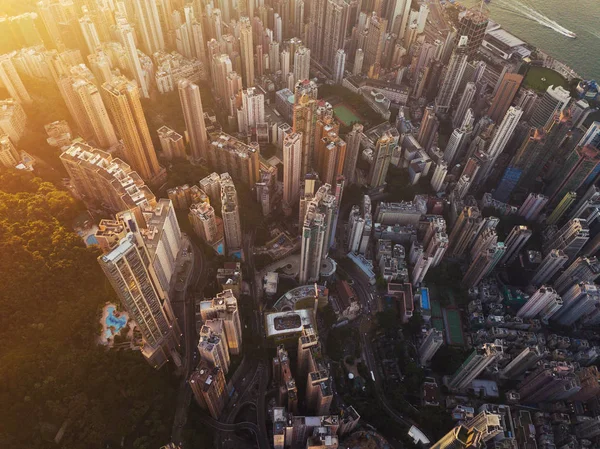 Letecký Pohled Hong Kong Města Při Západu Slunce Finanční Čtvrti — Stock fotografie