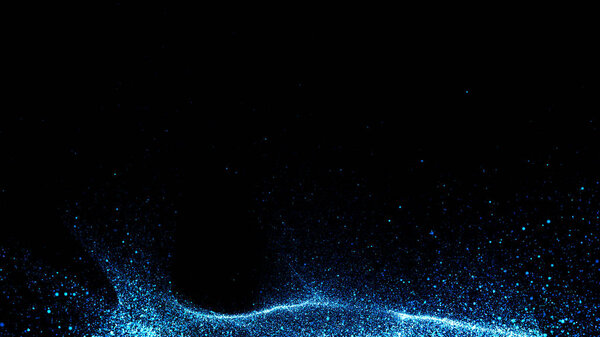 Конфетти с голубым падающим порошком в концепции цифровых данных и технологии подключения к сети. Взрыв на черном фоне, 3d абстрактная иллюстрация
