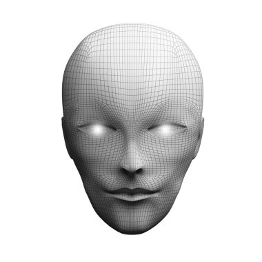 İnsan kafası önden görünümü. Beyaz arka planda, yapay zeka alanında dijital futuristik bilgisayar teknoloji kavramı, 3d illüstrasyon izole modeli