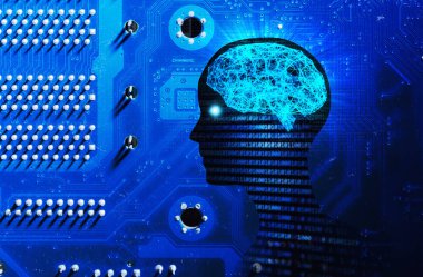 İnsan kafa şekli, beyin ve anakart yan görünüm. Mavi arka plan, yapay zeka alanında dijital futuristik bilgisayar teknoloji kavramı, 3d illüstrasyon izole modeli