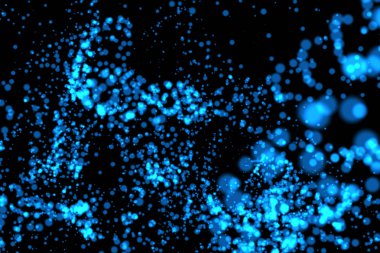 Dijital veri ve ağ bağlantı teknoloji kavramı mavi düşen toz glitter konfeti. Siyah arka plan, 3d soyut illüstrasyon patlaması