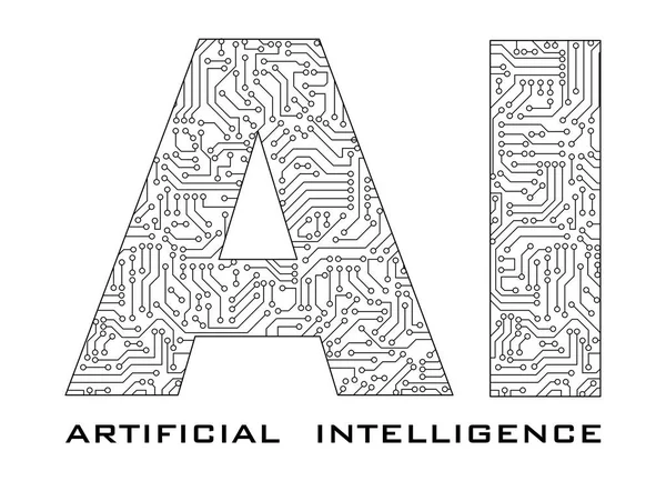 Artificial Intelligence with circuit isolated on white background. Pattern texture of high-tech background in digital computer technology concept. 3d text illustration.
