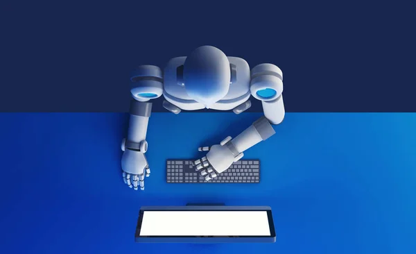 Top View Robot Using Computer Monitor Blank Screen Isolated Blue — Stock Photo, Image