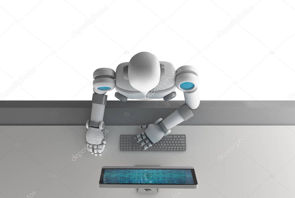 Top view of robot using a computer with binary data number code screen isolated on white background. Artificial intelligence in digital data futuristic technology concept, 3d illustration