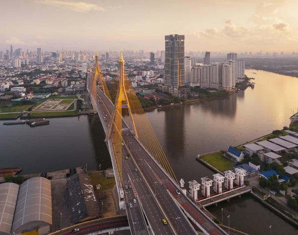 Luchtfoto Van Bhumibol Bridge Chao Phraya River Structuur Van Schorsing — Stockfoto