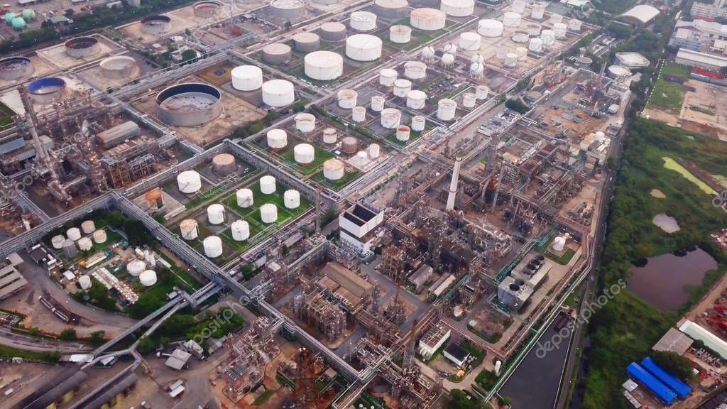 Aerial view of Petroleum"s oil refinery in industrial engineering concept. Oil and gas tanks industry. Modern factory