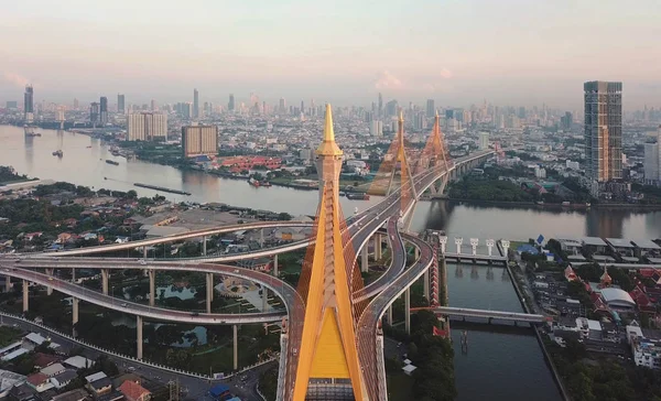 Vista Aérea Del Puente Bhumibol Río Chao Phraya Estructura Del —  Fotos de Stock