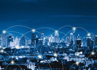 Dijital Ağ bağlantı hatları, Sathorn, Bangkok şehir merkezinde. Finans bölgesine ve iş merkezleri Asya akıllı kentsel City. Gece gökdelen ve yüksek katlı binalar.