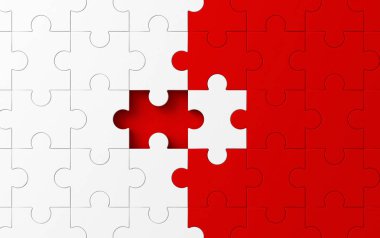 Bitmemiş iş, strateji ve çözüm iş kavramı içinde eksik yapboz parçaları. Beyaz ve kırmızı desen doku arka plan. 3D soyut illüstrasyon