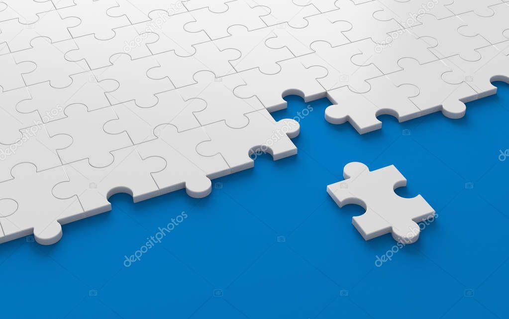 Jigsaw puzzle, pattern texture with space in strategy and solution business concept on blue background. 3d abstract illustration