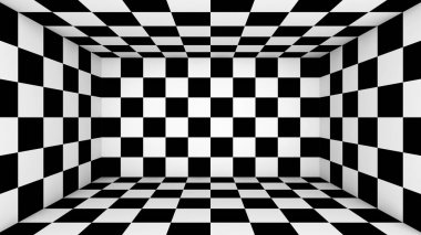Damalı boş oda. Soyut duvar kağıdı döşeme yanılsama desen doku arka plan siyah ve beyaz. 3D kareler illüstrasyon