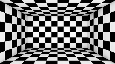 Checkered empty room. Abstract wallpaper, black and white flooring illusion pattern texture background. 3d squares illustration clipart