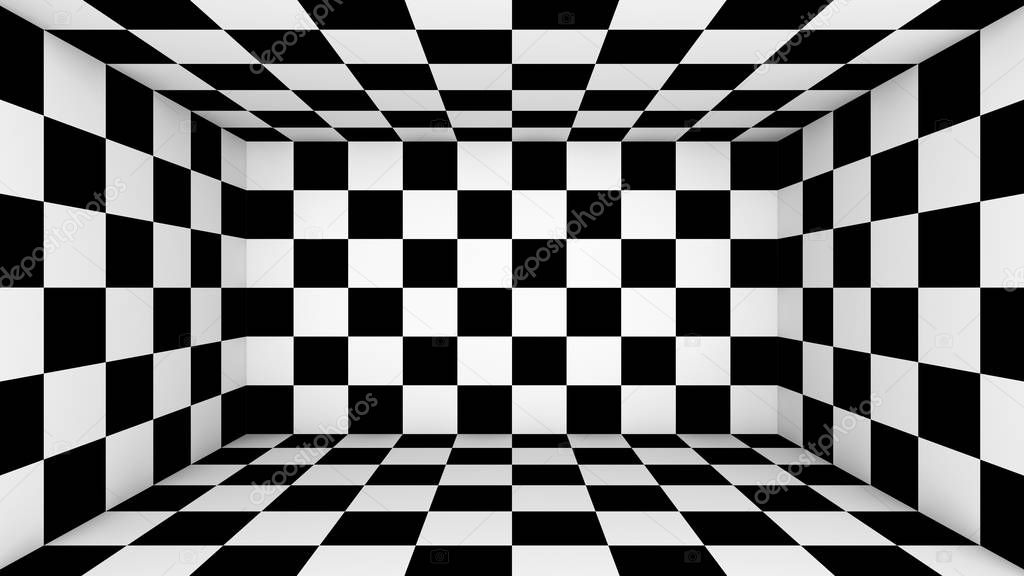 Checkered empty room. Abstract wallpaper, black and white flooring illusion pattern texture background. 3d squares illustration