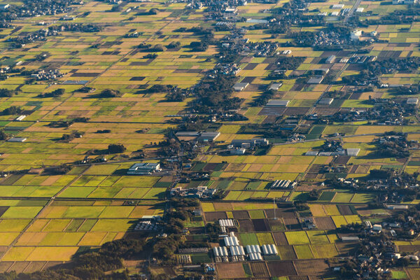 Aerial View of agricultural fields in countryside of Japan in sp