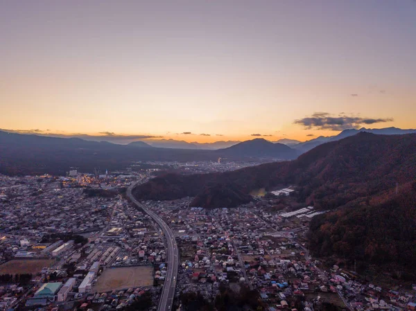 Вид Воздуха Город Фудзикавагутико Закате Яманаси Город Япония Пейзаж Архитектурными — стоковое фото