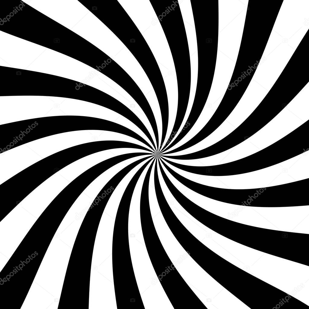 Black and white spiral strips in a tunnel. Ray burst style background, optical illusion. Abstract pattern design element. lines illustration