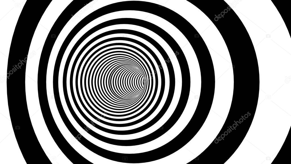 Black and white spiral strips in a tunnel. Ray burst style background, optical illusion. Abstract pattern design element. lines illustration