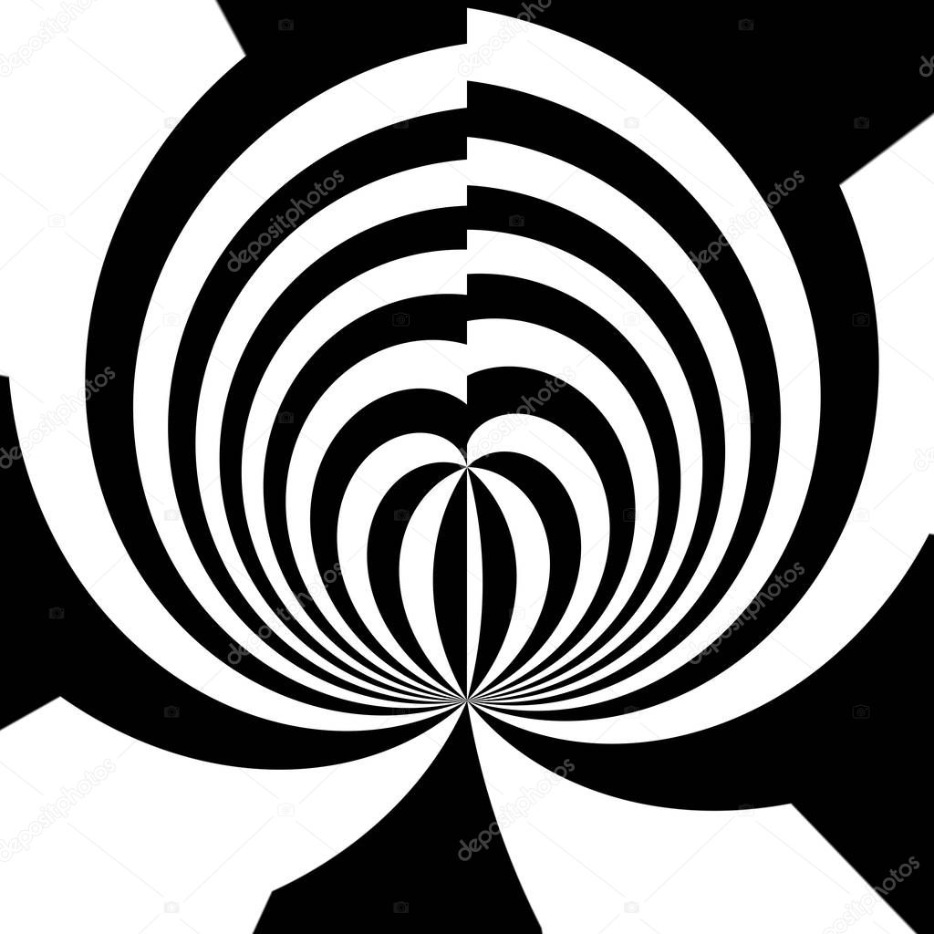 Black and white spiral strips in a tunnel. Ray burst style background, optical illusion. Abstract pattern design element. lines illustration