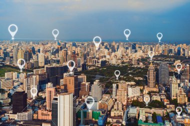 PIN düz, şehir, küresel iş ve fütüristik teknoloji kavramı Asya akıllı kentsel City ağ bağlantısı eşleyin. Gökdelen ve yüksek katlı binalarda öğlen Bangkok, Tayland