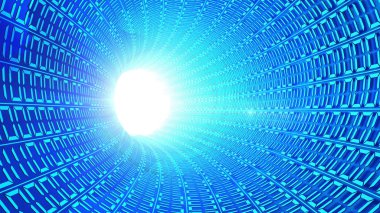 İkili kod numaraları ışık ile Karayolu Tüneli'nde mavi soyut hızı hareket için fütüristik ağ bağlantısı teknolojik altyapı, bilgisayar dijital verilerde flare. 3D çizim
