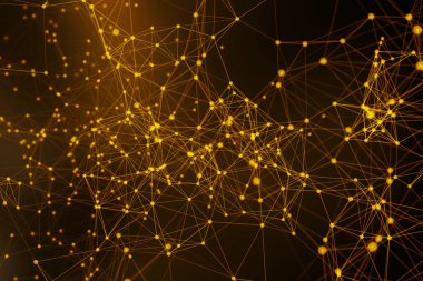 Altın dijital veri ve ağ bağlantı üçgen hatları ve fütüristik teknoloji kavramı üzerinde siyah arka plan, 3d soyut illüstrasyon küre