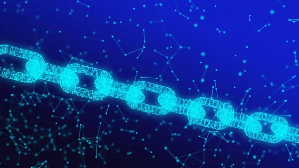 Digital data and network connection structure of illuminated Blockchain shape on blue background. data node base in futuristic technology concept. 3d abstract illustration background