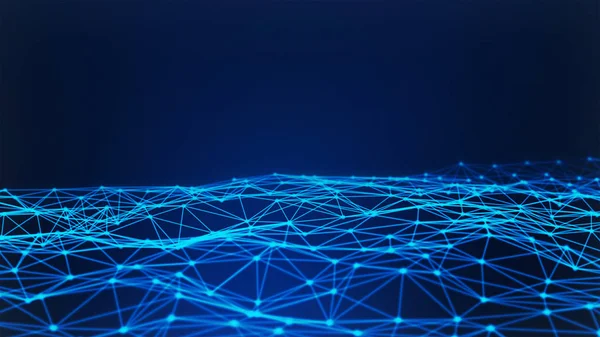 蓝色数字数据和网络连接三角线和球体在未来主义技术概念在蓝色背景 抽象例证 — 图库照片