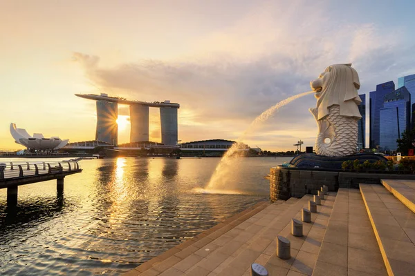 Merlion Marina Bay Sands Con Edificios Rascacielos Centro Singapur Distrito — Foto de Stock