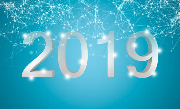 2019 Happy New Year White Text Particle Network Connection Lines — Stock Photo, Image